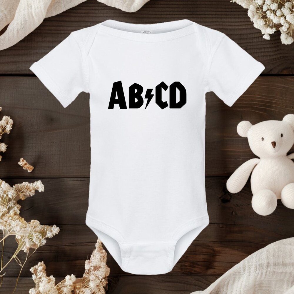 ab/cd Baby Onesie • Funny Rock Band Parody Bodysuit • AC/DC Inspired Onesie